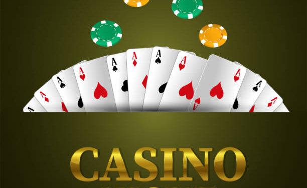 Casino night background with golden text with playing cards, chips